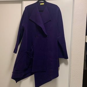 Giselle Shepatin Cascading soft warm coat, plum.Shorter in front,longer in back